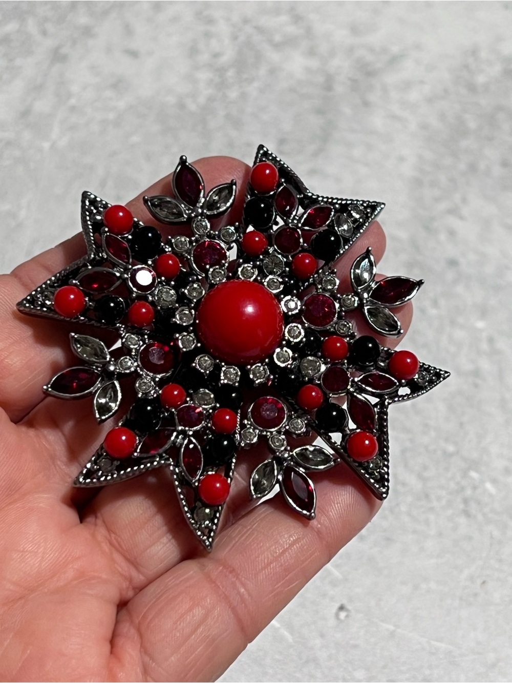 Vintage Joan Rivers Cabochon Dark Red Black Rhinestones Maltese Cross Brooch Pin